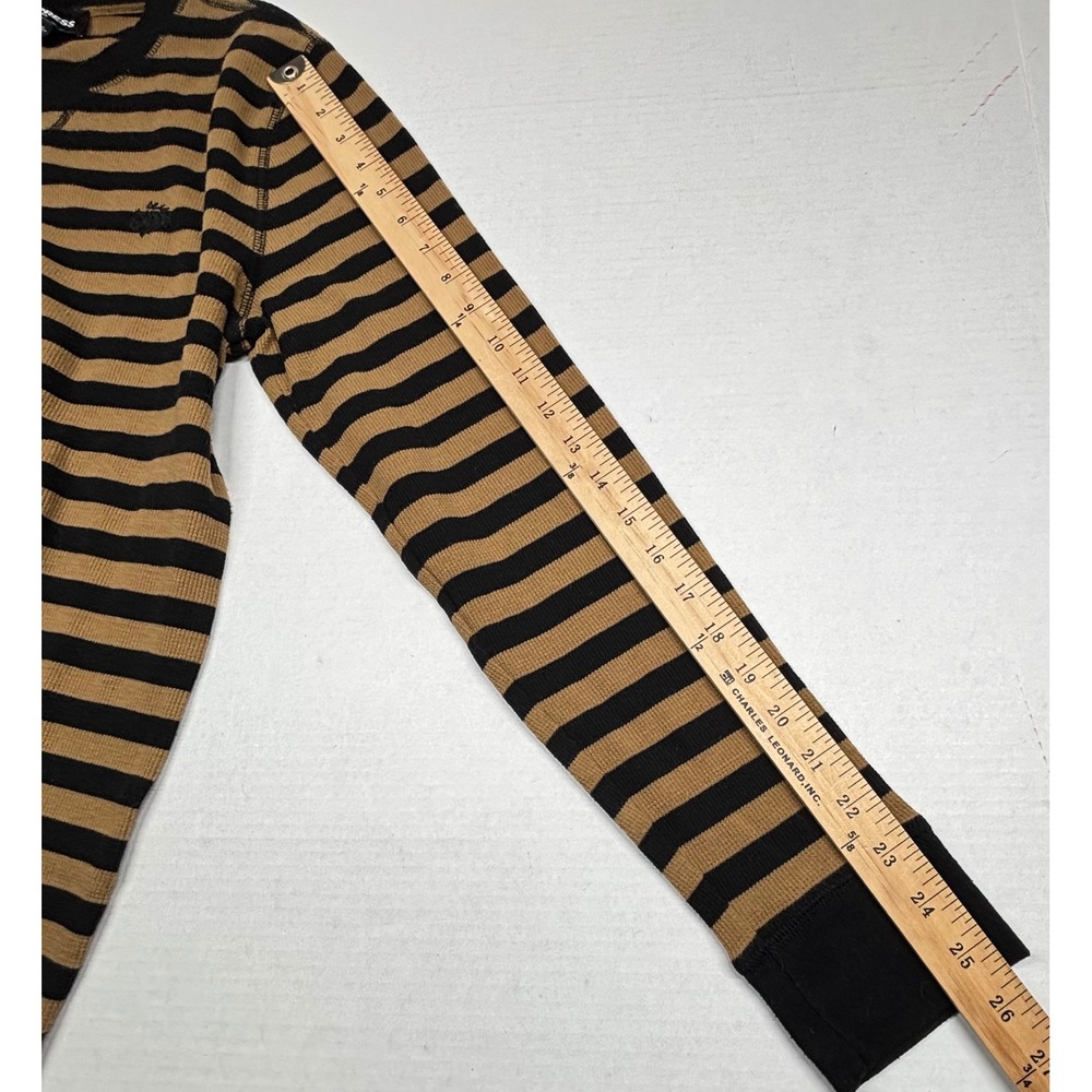 Express‎ Mens Thermal Shirt Striped Waffle Knit Black Tan Medium Retro Y2K EUC - Picture 7 of 10